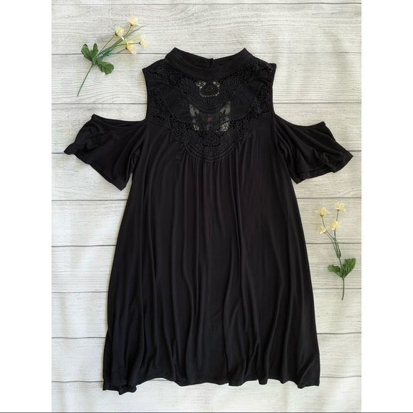 Cold Shoulder Lace Front High Neck Black Dress - Picture 1 of 11